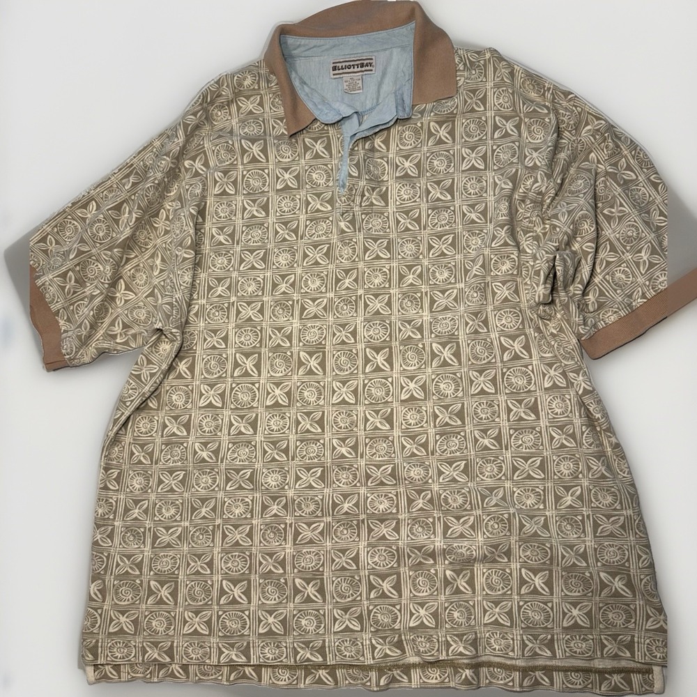 Vintage Elliot Bay Polo Shirt Mens XL Beige Geometric Print 90s Coastal Golf